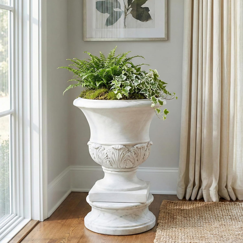 18.31" H Classical Acanthus Leaf Pedestal Urn Planter Weather-Resistant MGO Outdoor Flower Pot for Garden Patio and