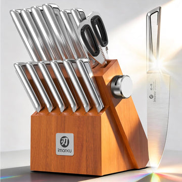 High Carbon Stainless Steel Gyutou Knife Set with Block, Precision-Forged Razor Sharp 10-15° Edge, Ergonomic Non-Slip