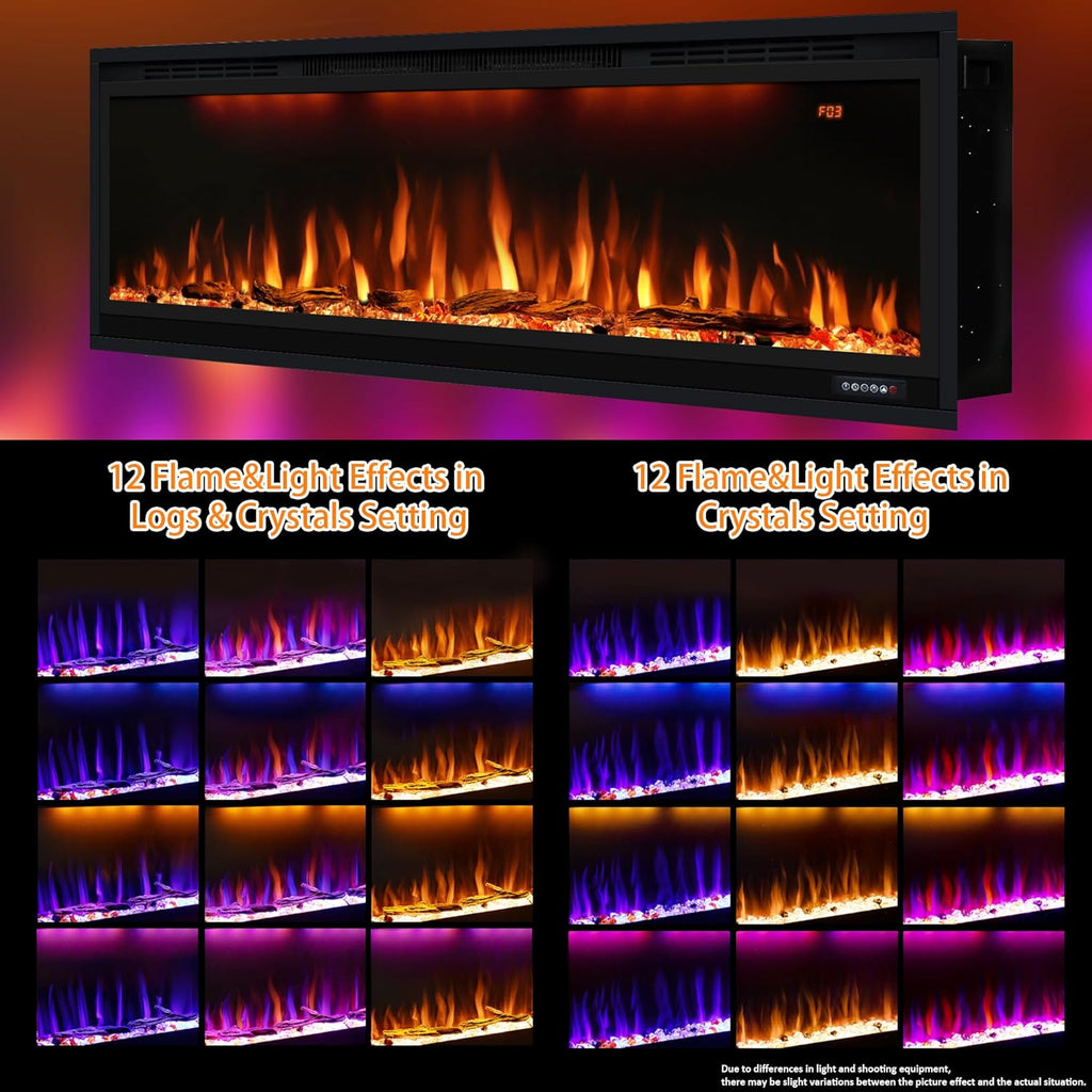 Smart 50 inch WiFi-Enabled Electric Fireplace Inserts, Wall Mount & in Wall recessed Fireplace Heater