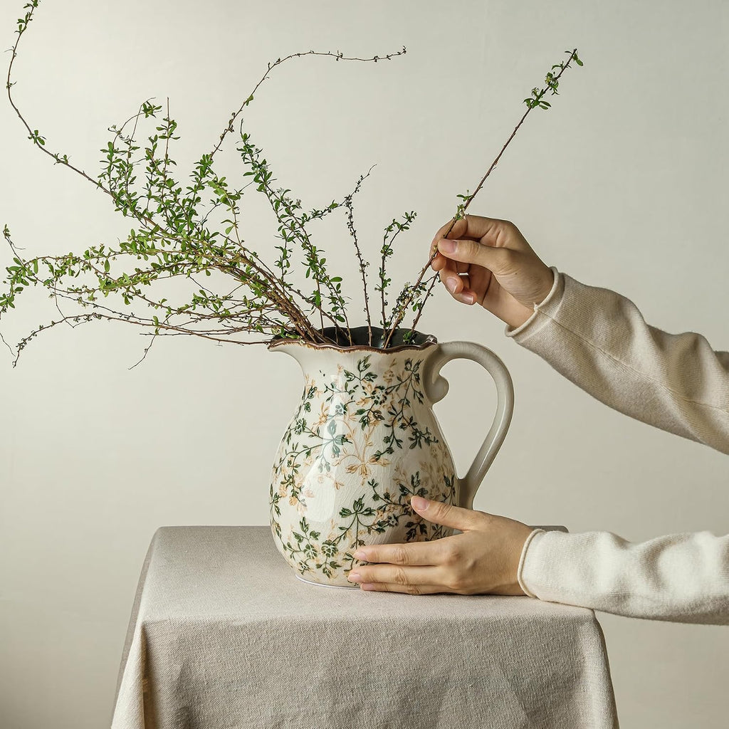 Ceramic Flower Vase | Green Rustic Farmhouse Pitcher Vase