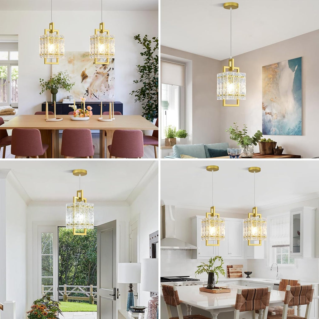 Gold Pendant Light Fixture - Modern Kitchen Island Water Ripple Glass Square Light - Adjustable Hanging Lighting for Kitchen Dining Room Over Island - 1 Pack
