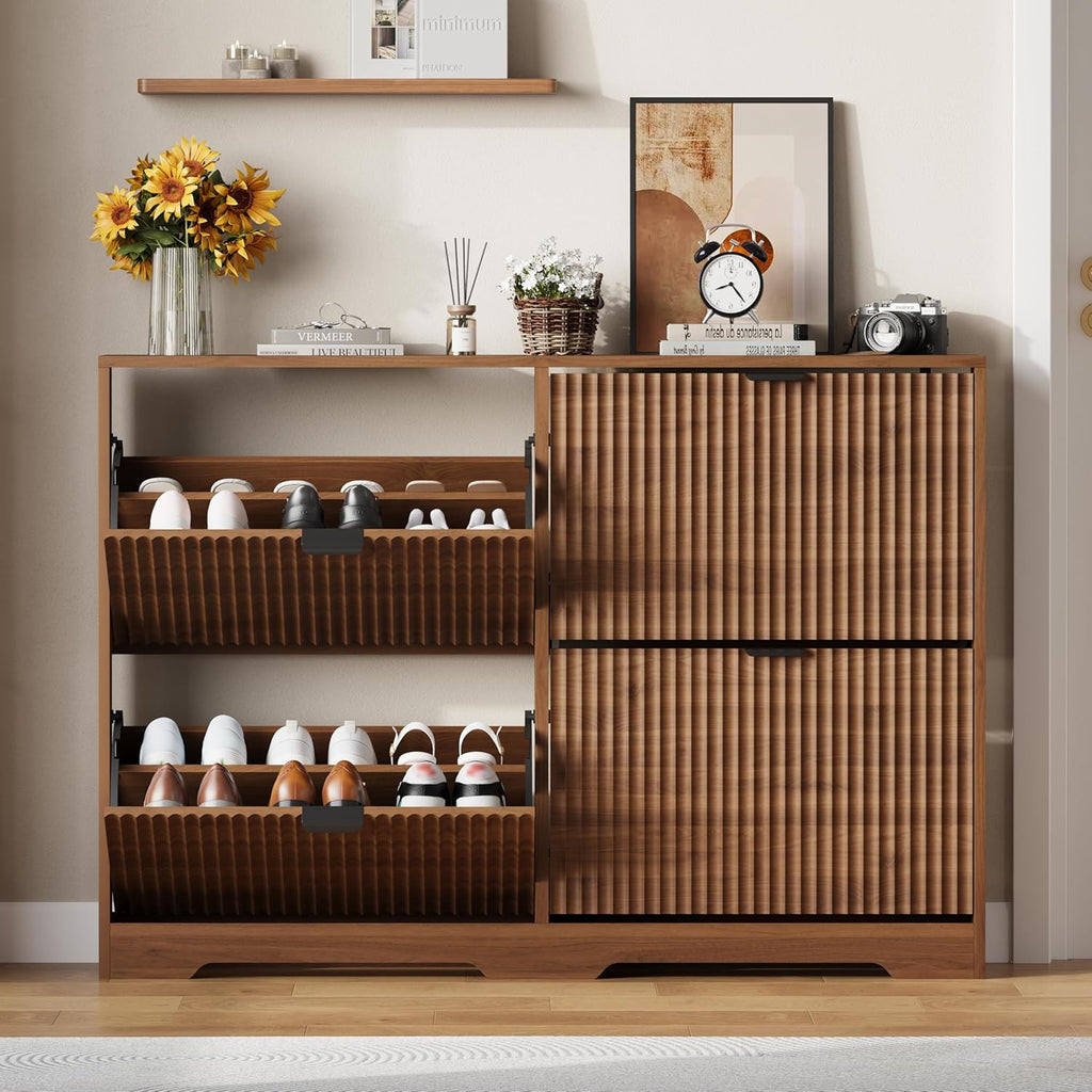 Shoe Cabinet Storage with 4 Flip Drawers, Walnut Fluted Shoe Cabinet with Adjustable Shelves, Wooden Hidden Shoe Rack