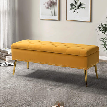 Modern Velvet Storage Ottoman Bench with Gold Base & Nailhead Trim, Upholstered Bedroom Bench for End of Bed