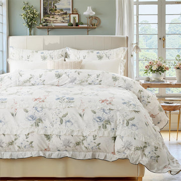 Ruffle Duvet Cover 100% Cotton Green Floral Duvet Cover Sets Aesthetic Vintage Farmhouse Ruffled Bedding