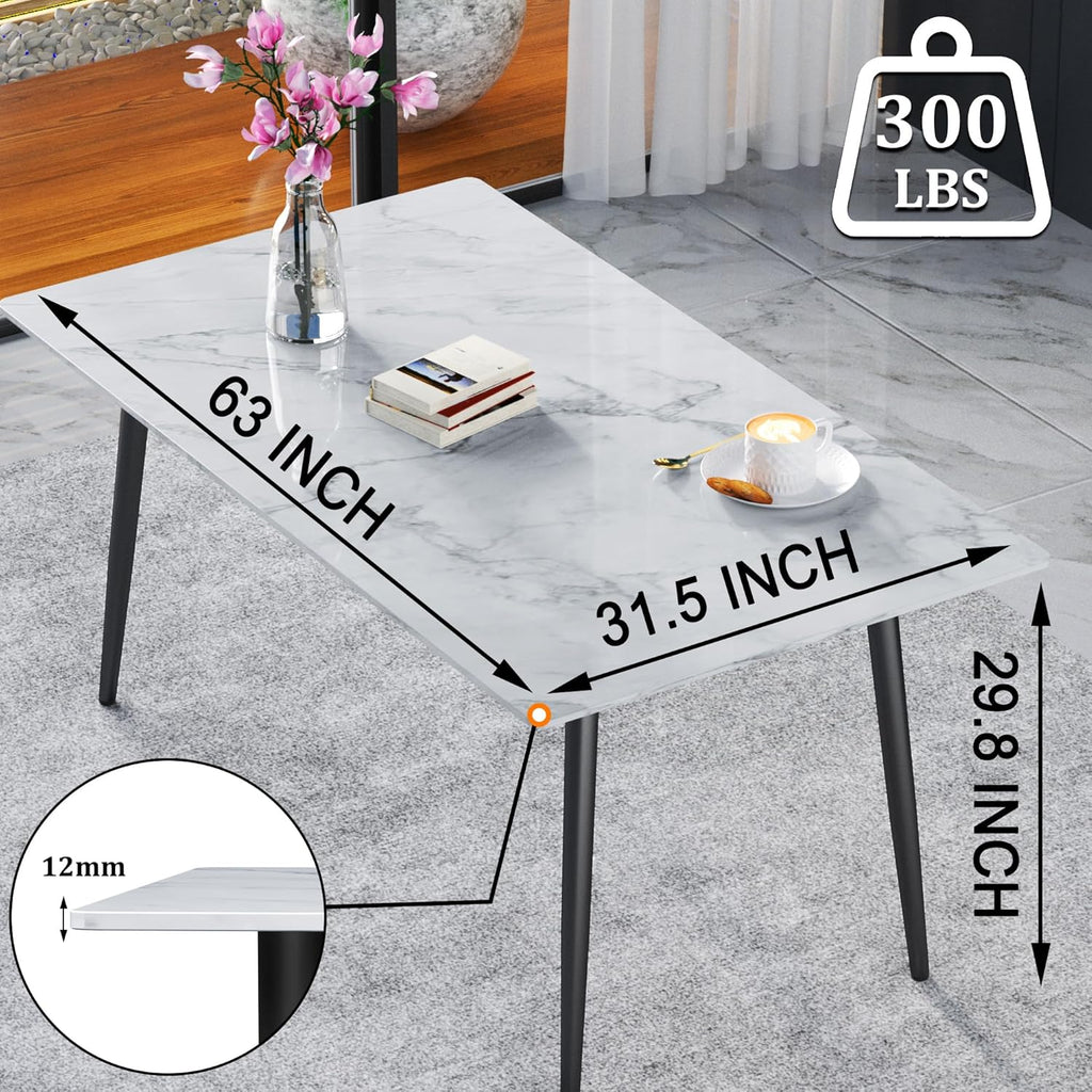 63" Modern Dining Table, Sintered Stone Kitchen Table for 4-6 peoples, White Sintered Stone Dining Tabletop with Metal Legs, Fax Marble Dining Table for Dining Room, Backyard Heat Resistant(63"x31.5")