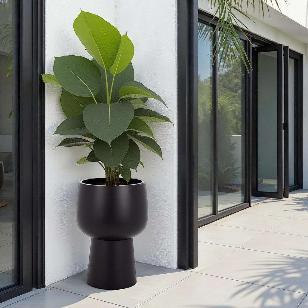 Outdoor Patio Furniture Collection - Olivia Black Ficonstone Pedestal Planter Pot, Modern Raised Plant Container