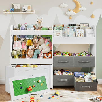 51.1" W Large Toy Storage Organizer with Stuffed Animal Storage, Kids Bookshelf with 4 Removable Toy Bins, Movable