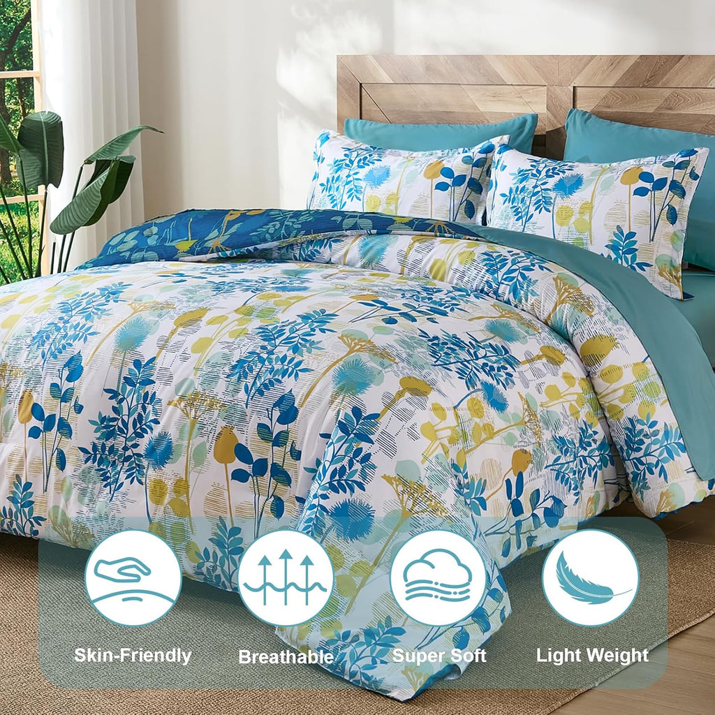 7Pieces King Comforter Set, Blue Yellow Botanical Bed in a Bag Complete Set with Sheet Pillowcase All Season