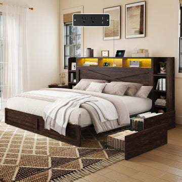 45'' Farmhouse Queen Bed Frame with 4 Drawers, LED Bed Frame with Bookcase Headboard & Side Shelves, Wood Platform