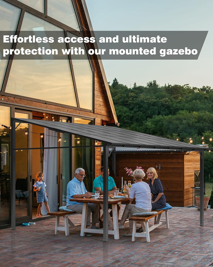 10' x 12' Lean-to Gazebo, Wall-Mounted Hardtop Gazebo, Polycarbonate Roof, Aluminum Frame, Ideal and Parties