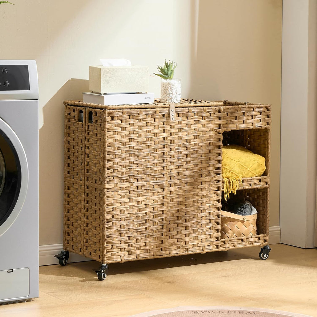Laundry Hamper with Wheels, 42.3 Gal.(160 L) Laundry Sorter with Shelves, Rattan Clothes Hamper with 4 Removable