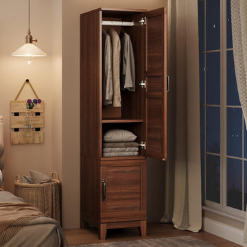 Heavy Duty Wooden Armoire Wardrobe Closet - 2 Doors, 72" Tall, Hanging Rod, 18 Adjustable Shelves, Narrow Bedroom