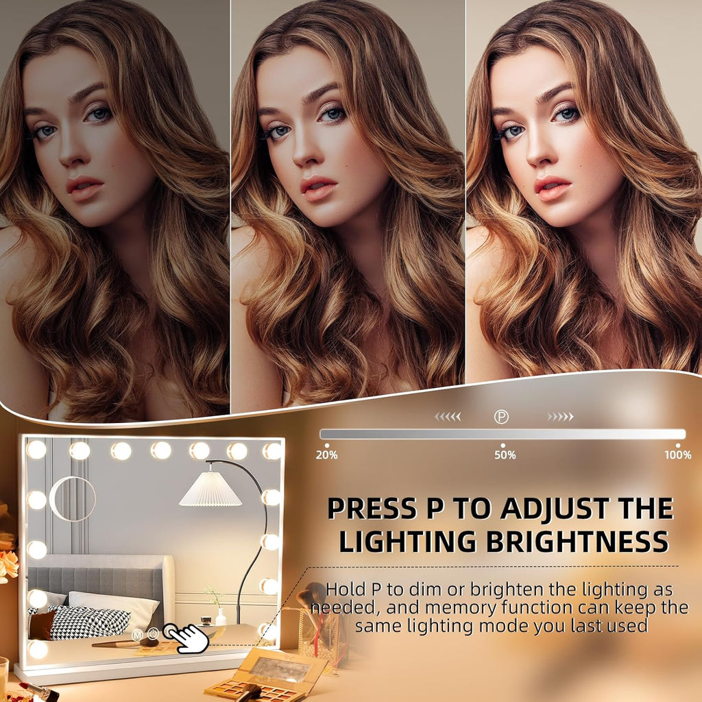 Vanity Mirror with Lights: Hollywood Lighted Makeup Mirror with 15 LED Bulbs, 22.8''x18'' Light Up Mirror with 3