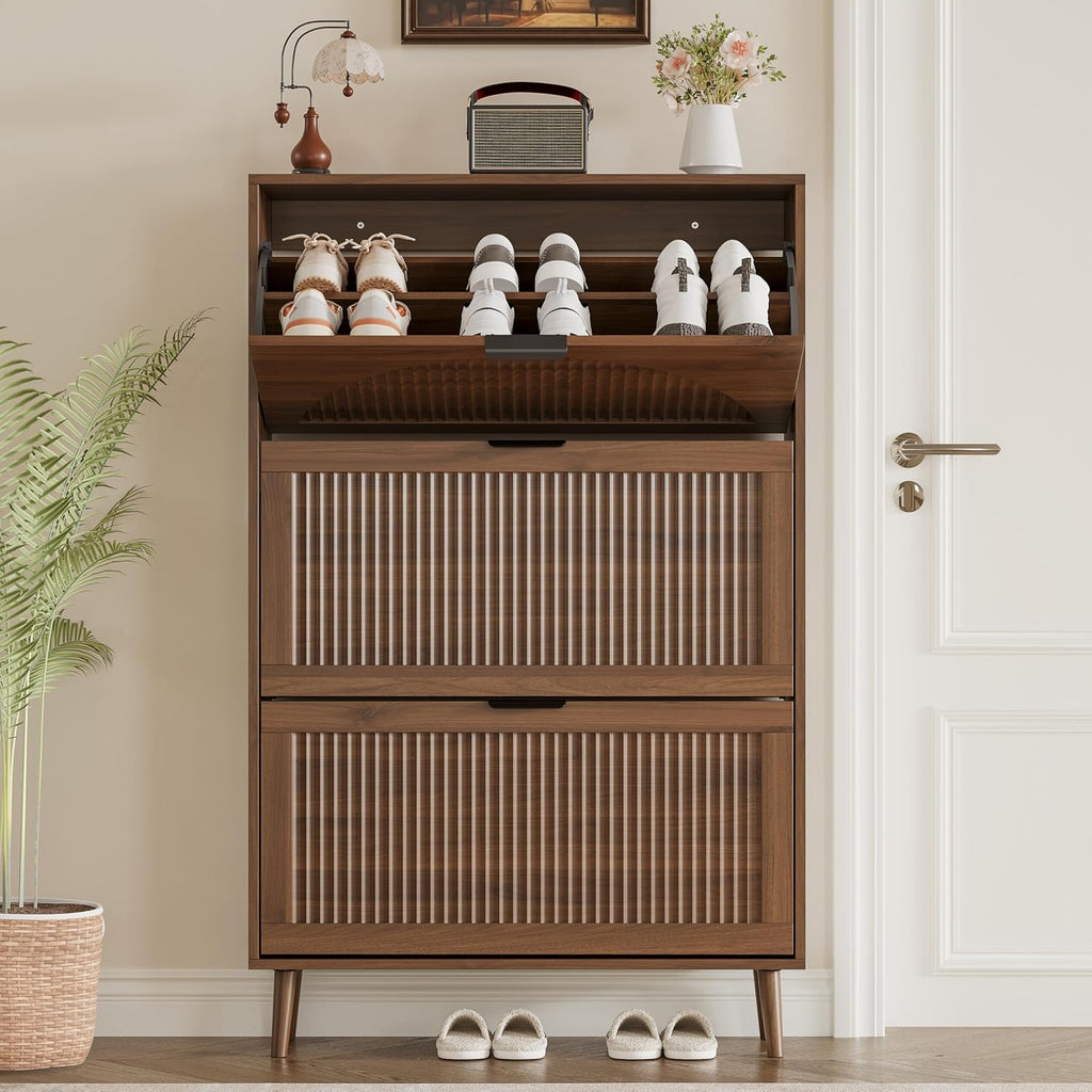 Shoe Cabinet with 3 Flip Drawers, Slim Wooden Shoe Storage Organizer with Modern Fluted Pannel,Freestanding Narrow