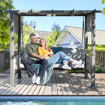 3-Seat Porch Swing with Stand, 990 lbs Pergola Swing Bed, Gray