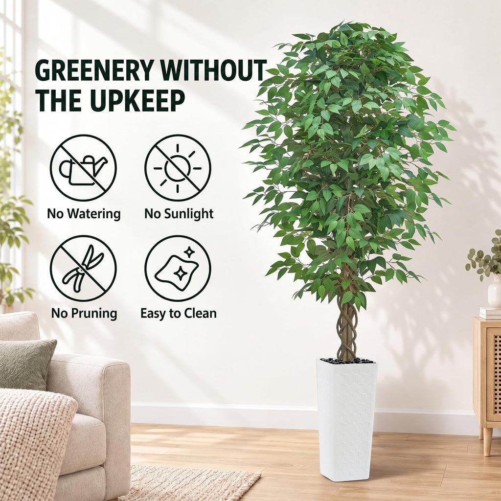 Artificial Ficus Tree 8FT, Large Fake Tree Decor (White Planter)
