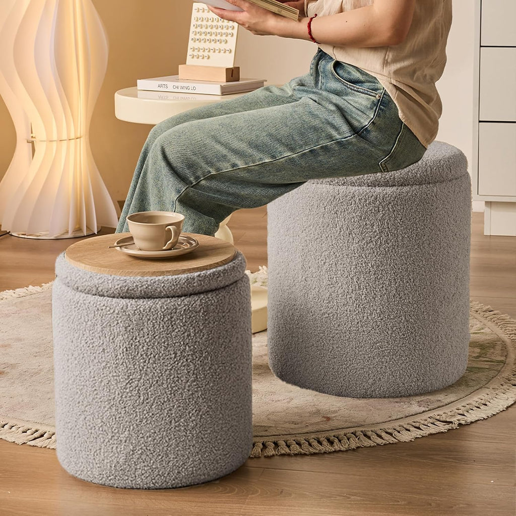 Round Ottoman with Storage Set of 2 Gray Sherpa Vanity Stool | Multifunctional Ottomans Coffee Table Padded Seat Foot