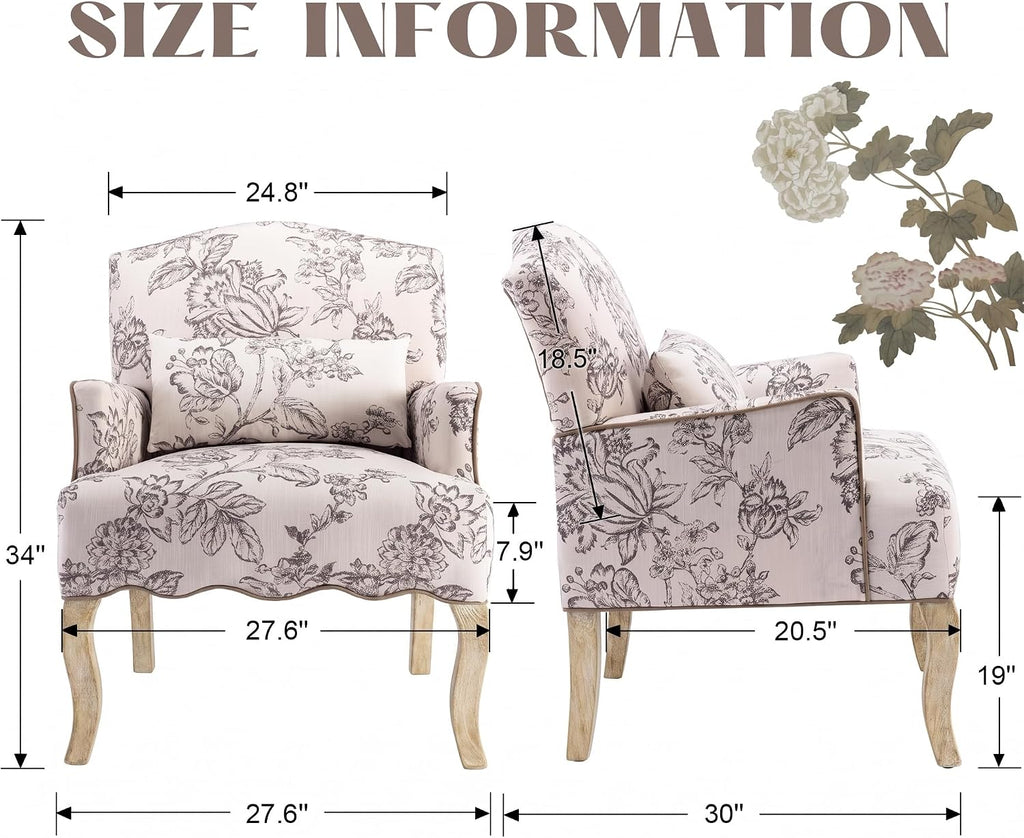 Floral Accent Chairs Set of 2 Fabric Comfy Single Sofa Upholstered Modern Reading Chair with Removable Pillow