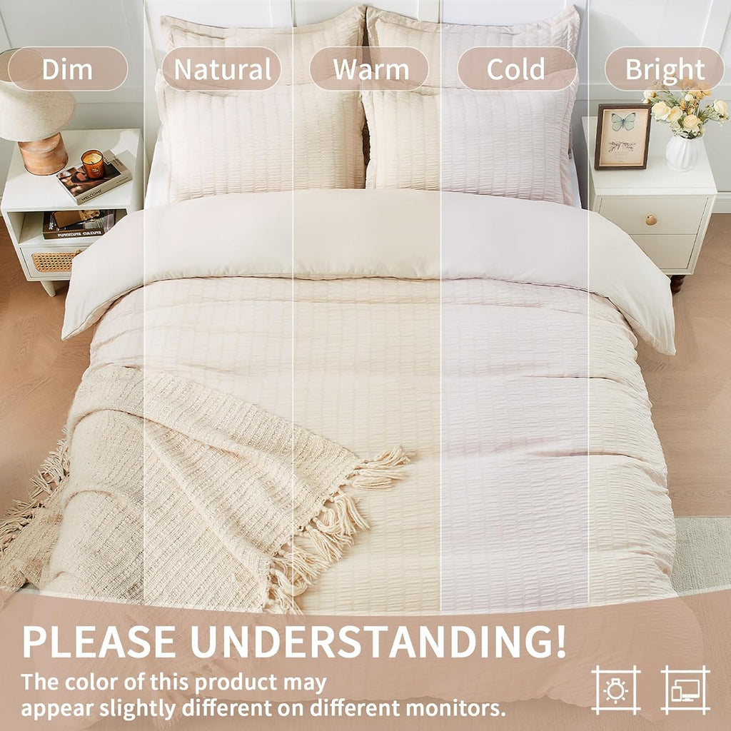Beige Duvet Cover, Super Soft Seersucker Duvet Cover Set, 3-Piece Lightweight Duvet Cover with Zipper
