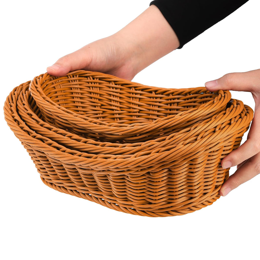 3 Pack Small Woven Breads Baskets, Oval Fruit Baskets Stackable Plastic Wicker Basket for Serving Vegetables