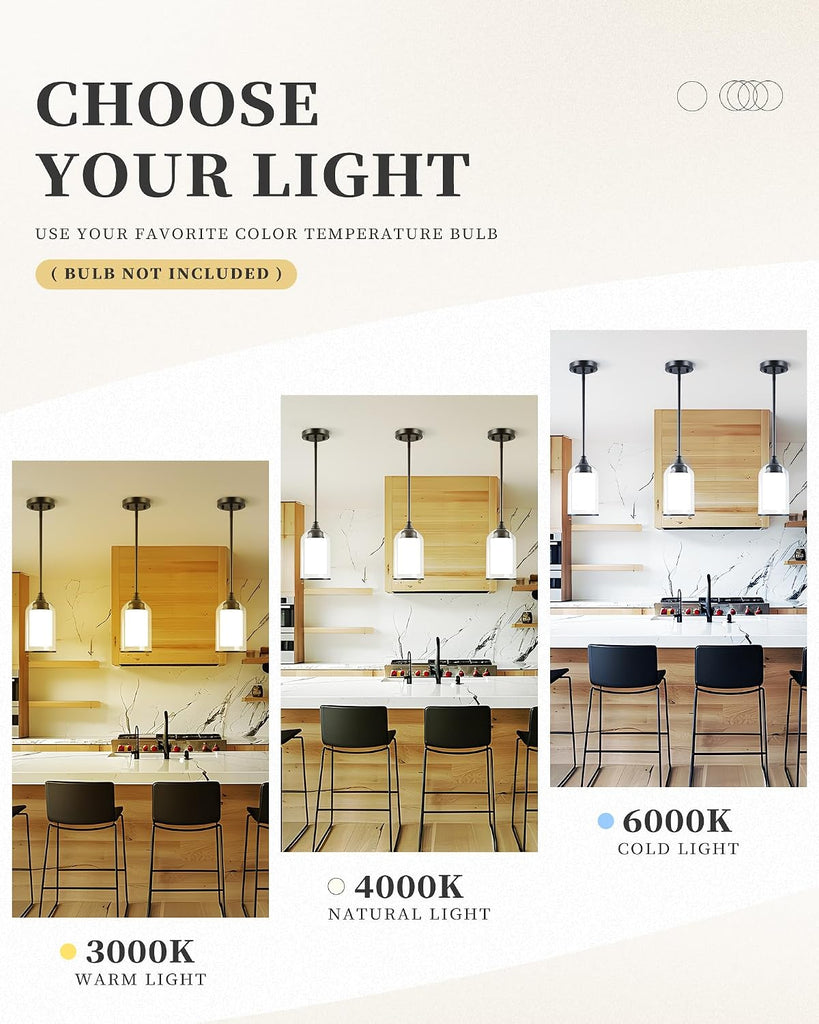 2 Pack Pendant Lights Kitchen Island, Dual Glass Pendant Lights, Black Hanging Lamp with Clear and Milk Glass