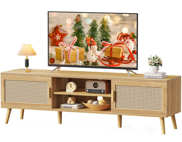 Boho TV Stand for 65 Inch TV, Entertainment Center with Adjustable Shelf, Rattan TV Console with 2 Cabinets, Media