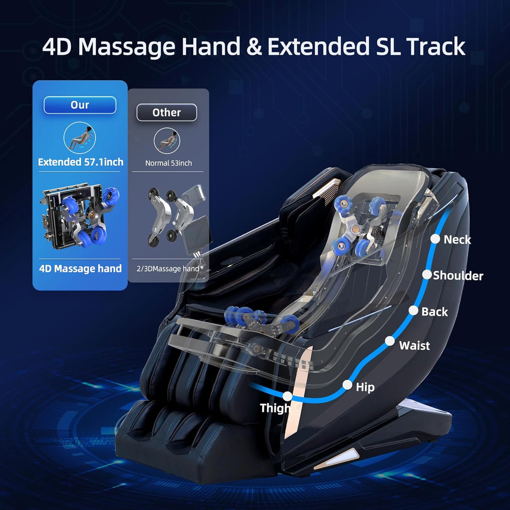 4D Massage Chair Full Body Extended SL-Track Zero Gravity Shiatsu Recliner | 3 Zero-Gravity Angles,3-Zone Heat,Calf &