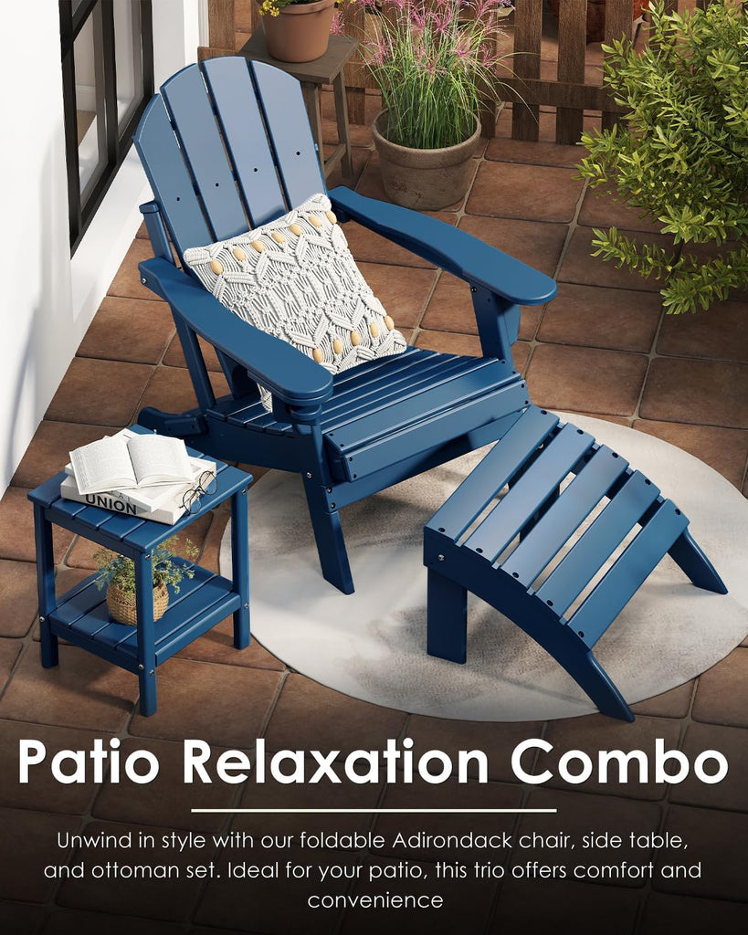 Folding-Adirondack-Chairs Set of 2, HDPE All Weather, Blue | Hidden Cup Holder | 5" Wide Armrests | Foldable Fire Pit