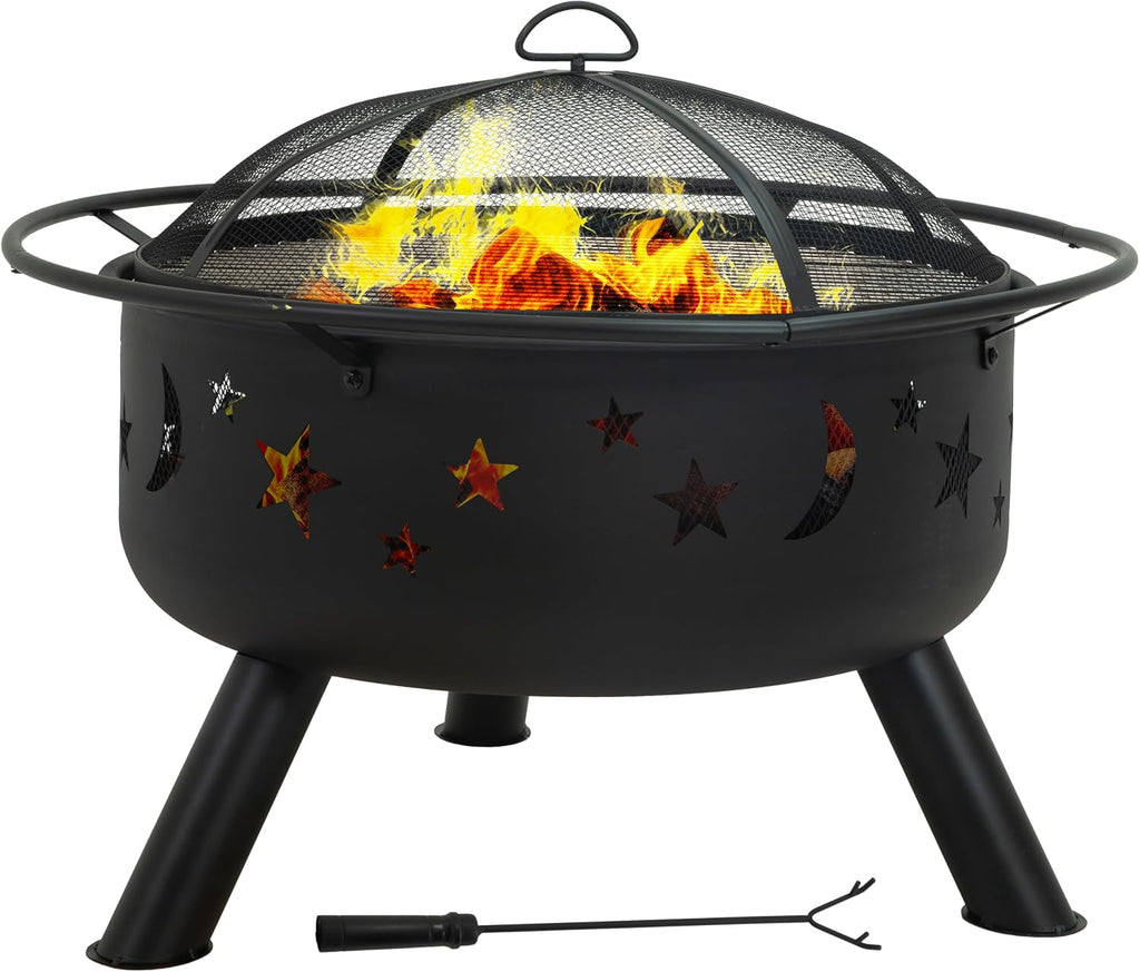 Cosmic 30-Inch Outdoor Fire Pit with Grill Grate, Spark Screen, and Fireplace Poker