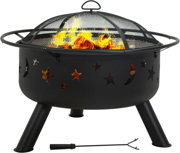 Cosmic 30-Inch Outdoor Fire Pit with Grill Grate, Spark Screen, and Fireplace Poker
