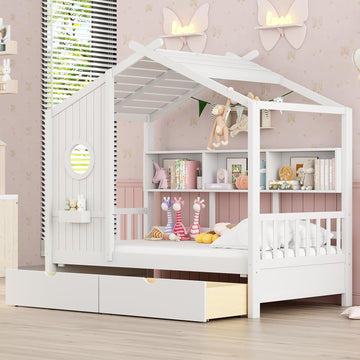 Twin Size House Bed with Storage Drawers,Kids House Bed Frame with Shelves,Cute Wood House Bed Twin with Roof for