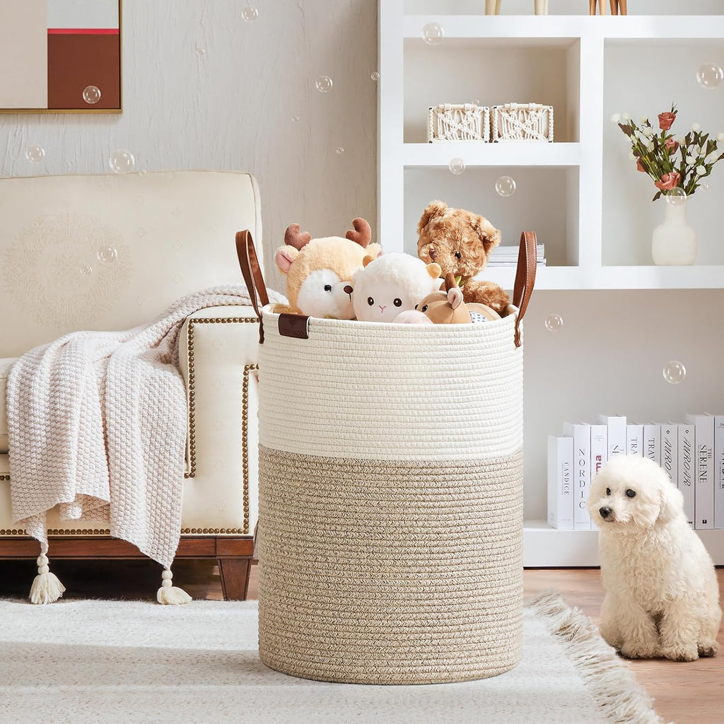 100L Tall Woven Rope Laundry Hamper, Leather Handles, White & Brown | Large Wicker Laundry Basket for Dirty Clothes