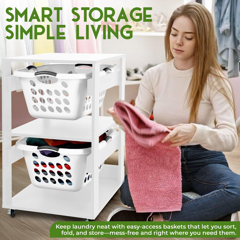 Laundry Basket Holder Shelf, Stackable Laundry Sorter, White, 2 Tier