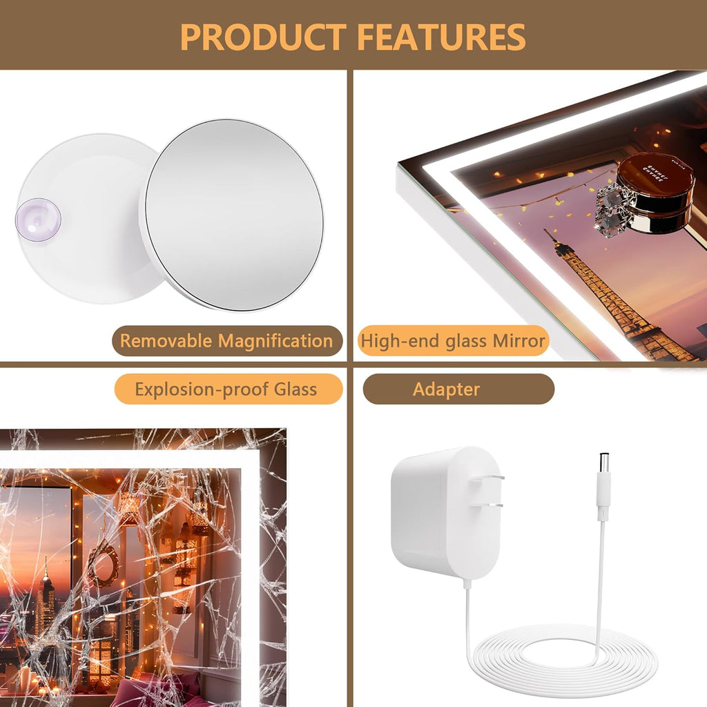 Vanity Mirror with Lights, 28" x 20" LED Makeup Mirror, Lighted Makeup Mirror with Dimmable 3 Modes, Touch Screen