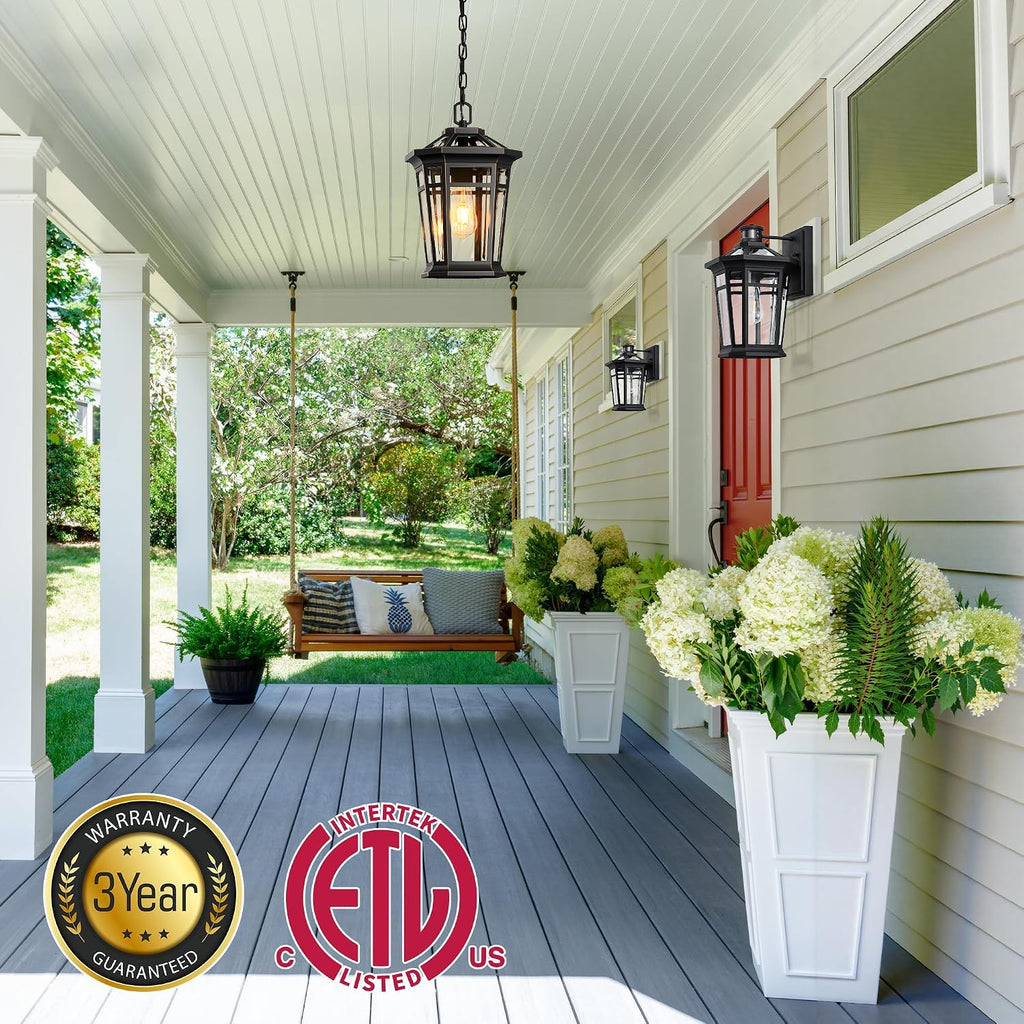 Large Outdoor Pendant Light with Adjustable Chain, Black Hanging Lights with Gold Trim
