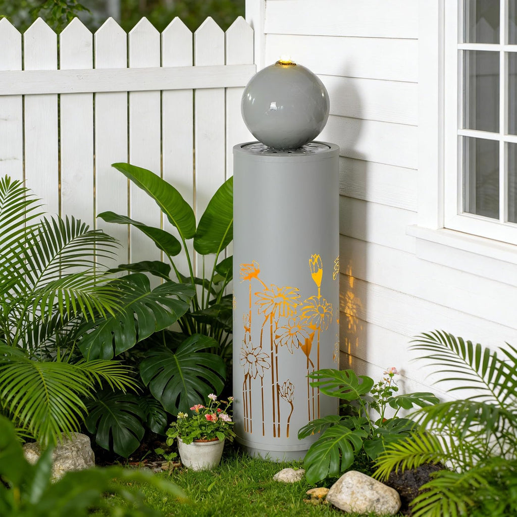 Zoe 34.25" H Metal Water Fountain Outdoor with LED Light, Recirculating Pump Outdoor Fountain with Sphere-Top
