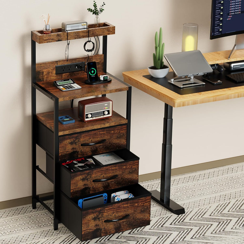 Nightstands Set of 2 with Outlet and USB C Port, Bedroom Night Stand with Led Lights and 3 Fabric Drawers, Matching