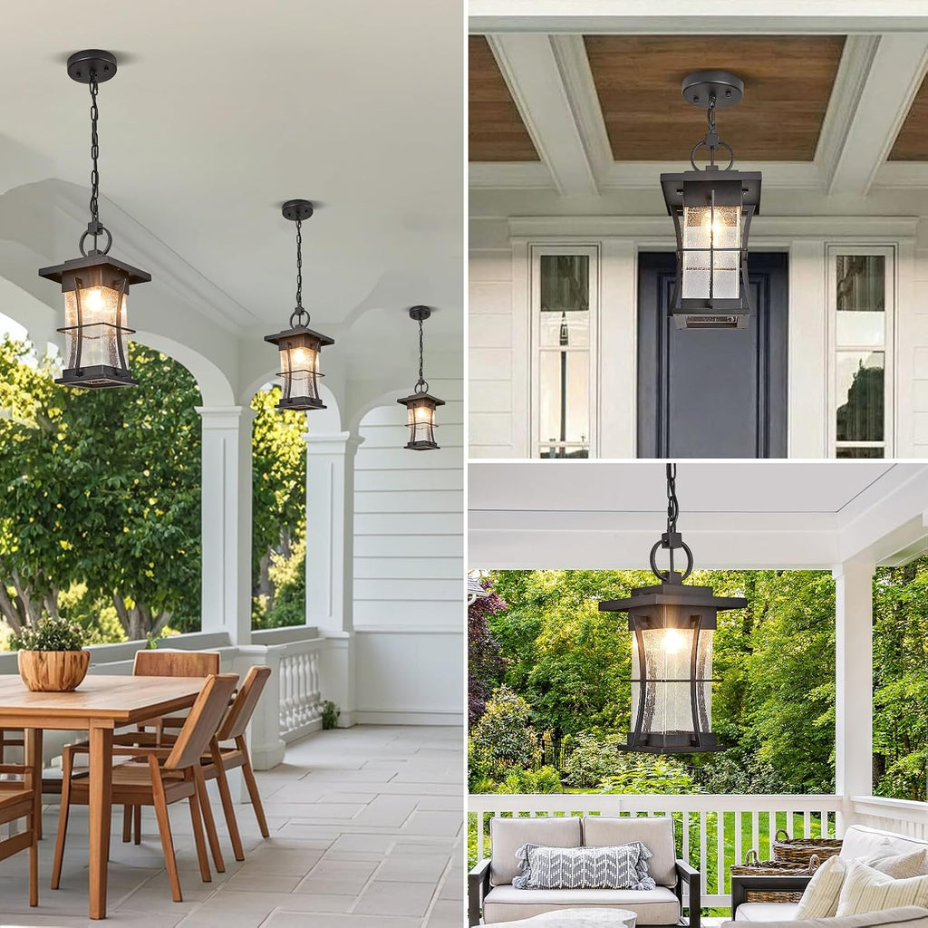 Outdoor Pendant Light, 14" H Large Hanging Lantern with Seeded Glass