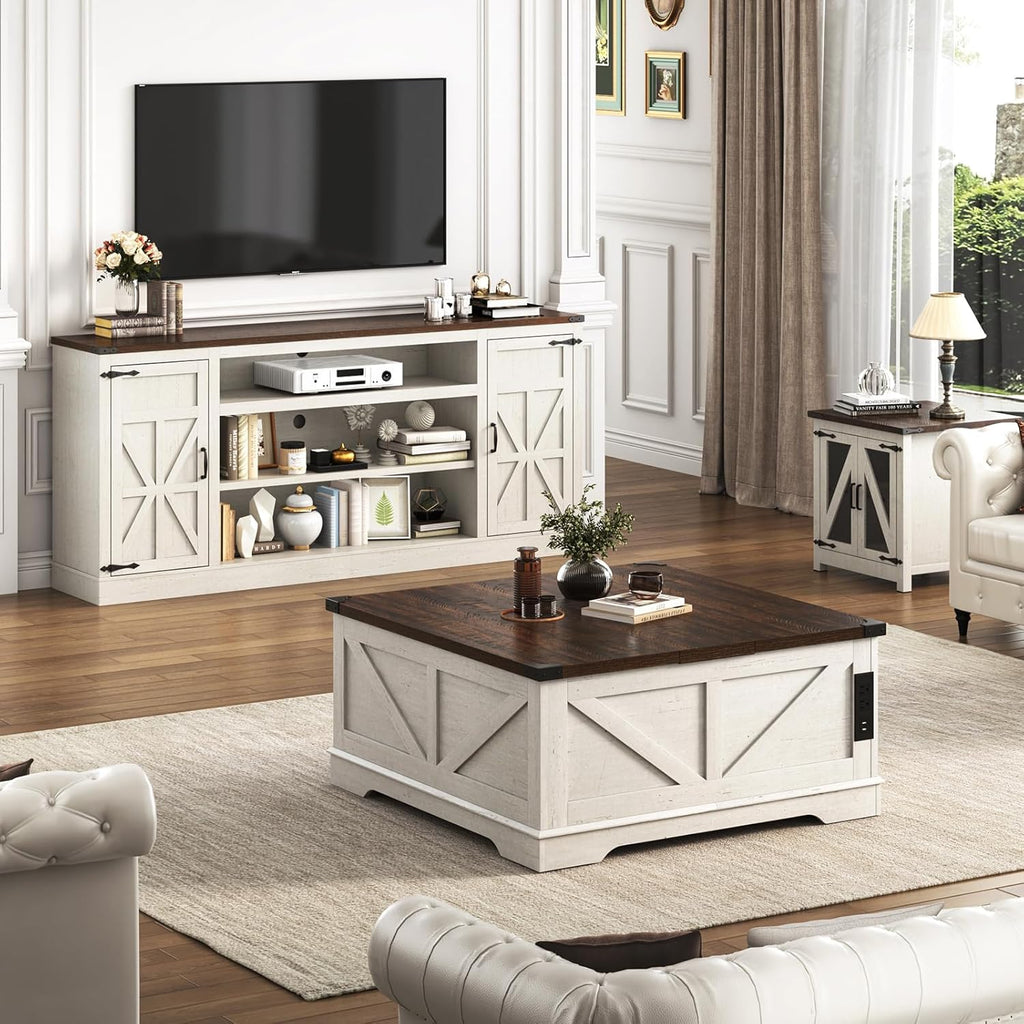 75" Farmhouse TV Stand with Power Outlets for 85 Inch TVs, 33" Tall Entertainment Center with Storage Cabinets