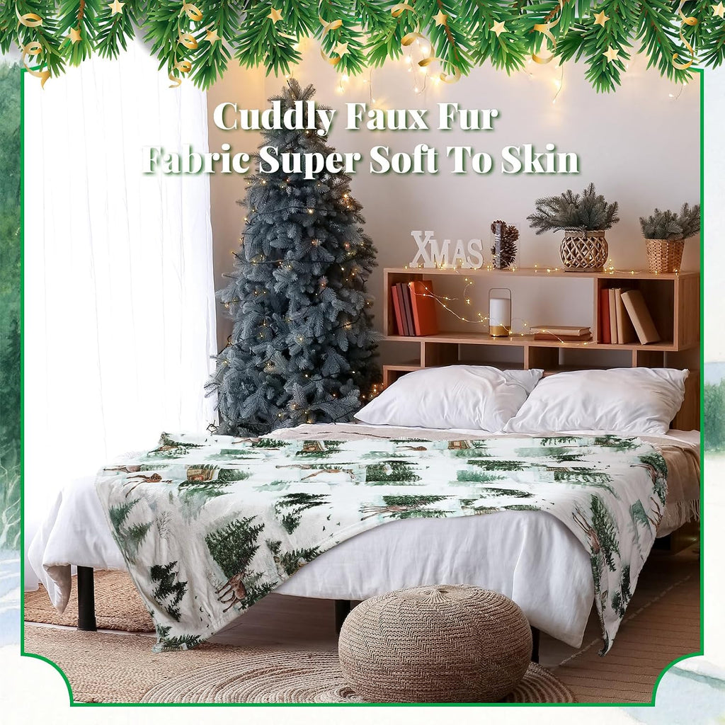 Christmas Tree Elk Flannel Throw Blanket 60"x50", Winter Throw