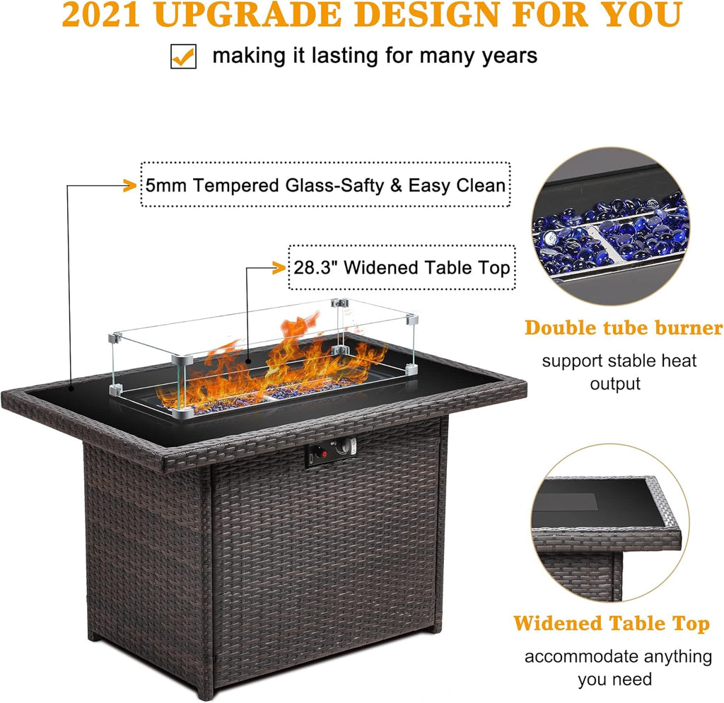 44" Propane Gas Fire Pit Table, 55000 BTU Rectangular Fire Pit with Glass Wind Guard for Outside Patio Deck Garden
