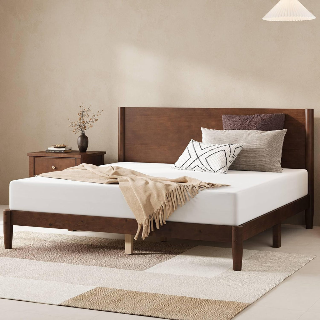 Solid Wood Queen Bed Frame, Mid Century Modern Platform Bed with Full Panel Headboard, Wooden Bed with Cylindrical