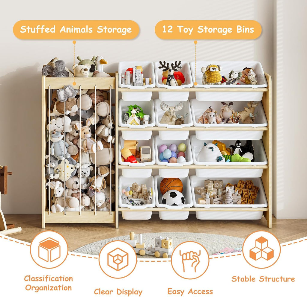 Kids Toy Storage Organizer, 2-in-1 Stuffed Animal Storage & Toy Organizer w/12 Bins, Solid Wood Toy Rack Featuring