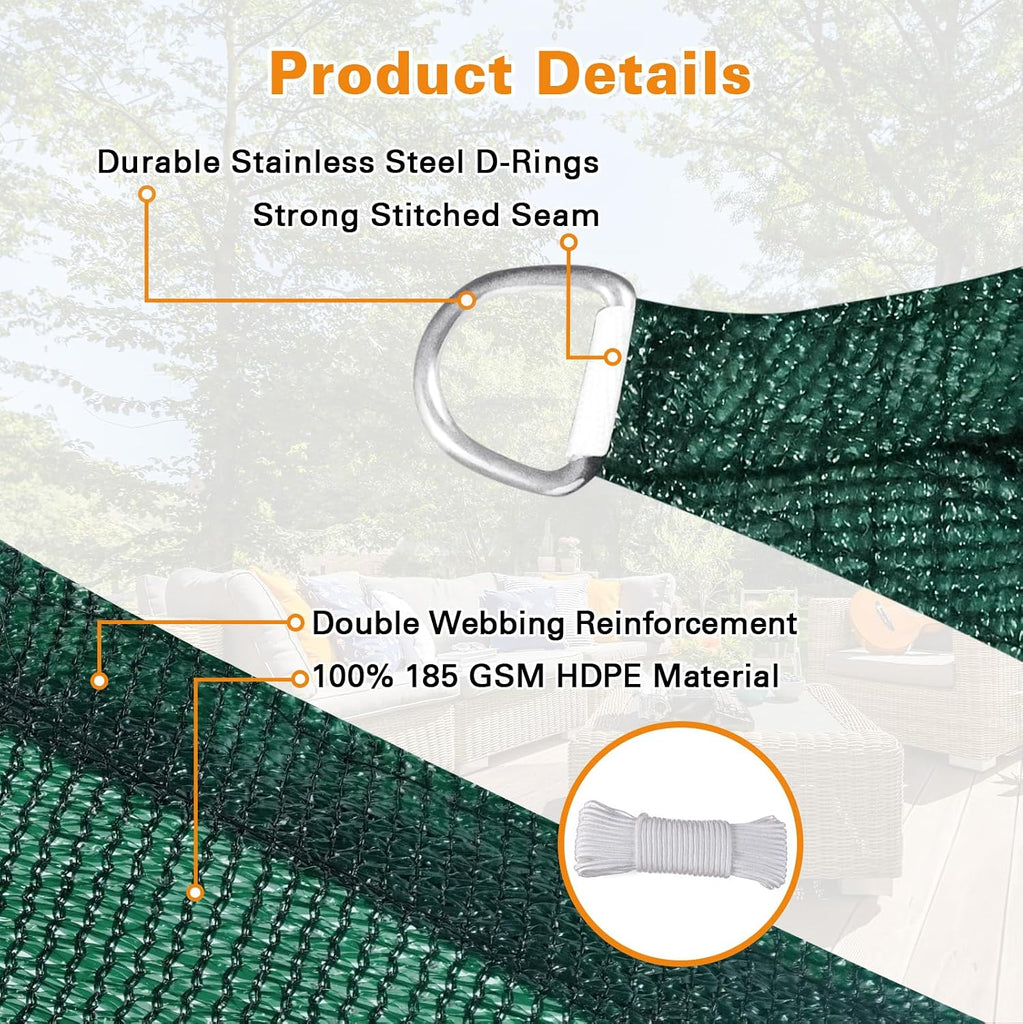 Sun Shade Sail 6' X 8' X 10' Dark Green Triangle Canopy Awning Fabric Mesh 95% UV Blockage, Water & Air Permeable