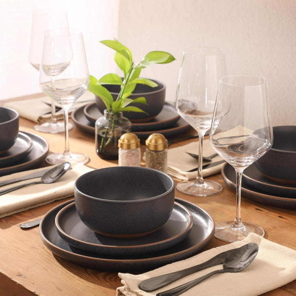 Abbey Circle 12 Piece (Service for 4) Plates and Bowls Reactive Matte Glaze Dishes Stoneware Ceramic Dinnerware Set