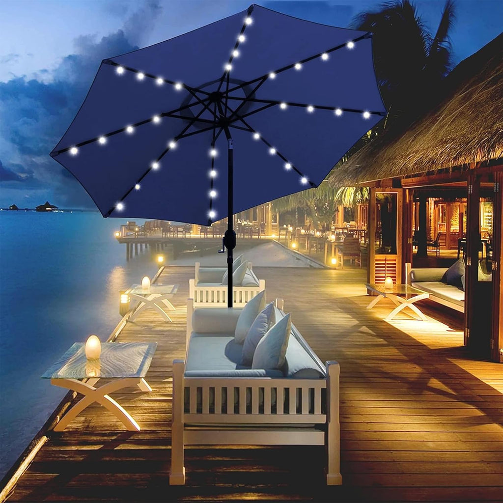 9 ft Solar Umbrella 32 LED Lighted Patio Umbrella Table Market Umbrella with Tilt and Crank Outdoor Umbrella Poo - 4M4L