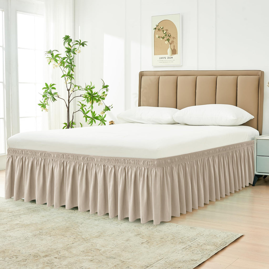 Wrap Around Bed Skirt 15" Drop-Elastic Dust Ruffle Light Camel