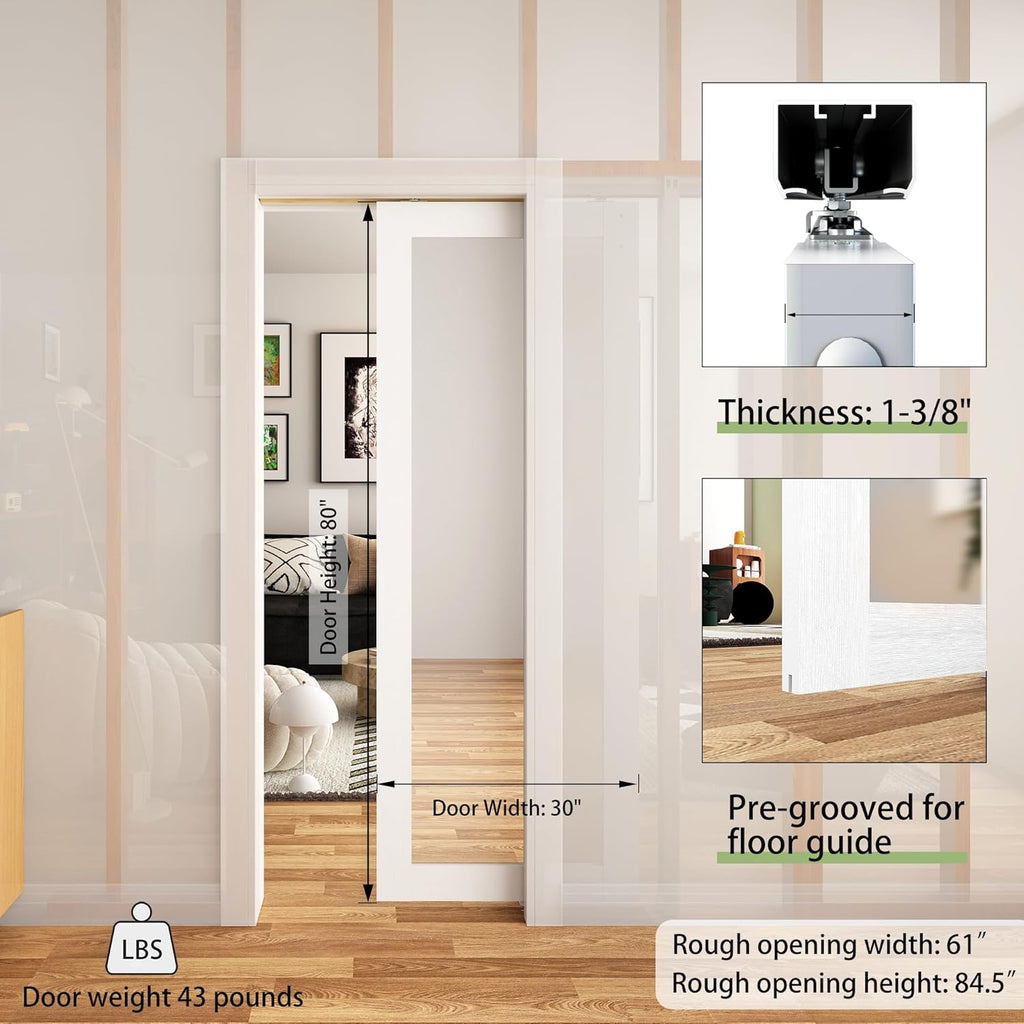 Pocket Door 30"x80", 1-Panel Mirrored Sliding Pocket Door with Soft Close Hardware Kit, Sturdy Solid