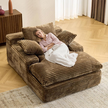 67" Oversized Boneless Chaise Lounge Chair Indoor, Brown | Corduroy Upholstered Sleeper Sofa Bed Deep Seat Reading
