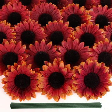40pcs Fake Sunflower Heads with Stems, Red Orange